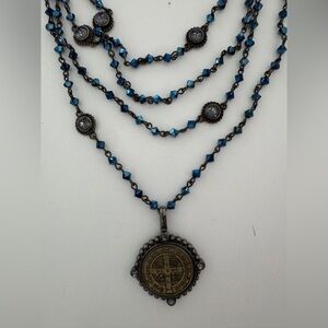 Virgins Saints & Angels Navy Blue and Gunmetal San Benito Medallion Necklace